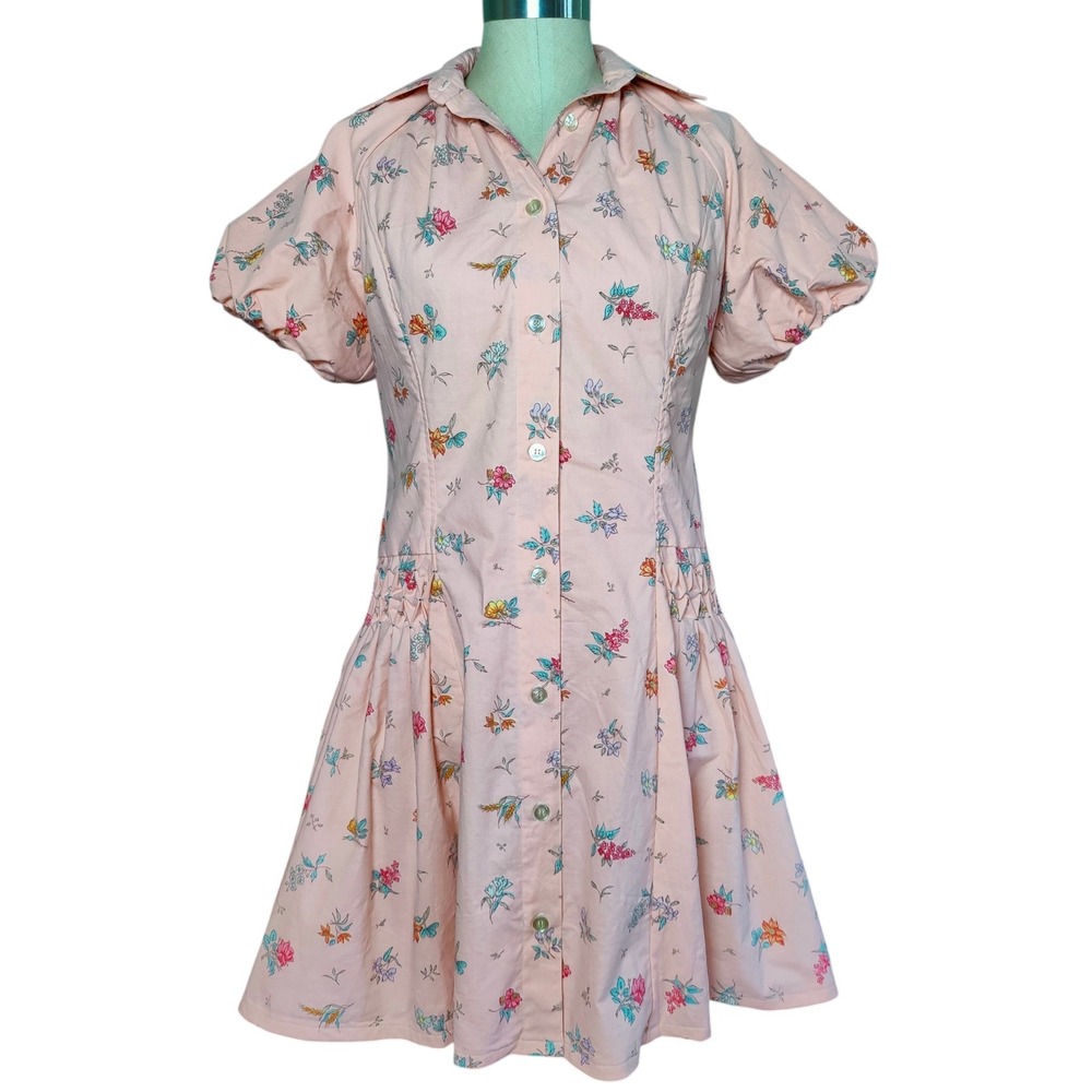 Handmade Vintage Floral Drop Waist Mini Dress Smocked Puff Sleeves Coquette